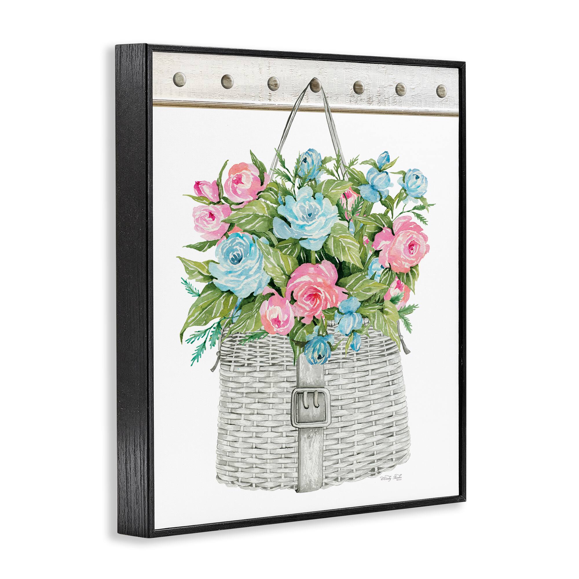Stupell Industries Blue And Pink Blooming Roses Spring Plant Basket Framed Giclee Art
